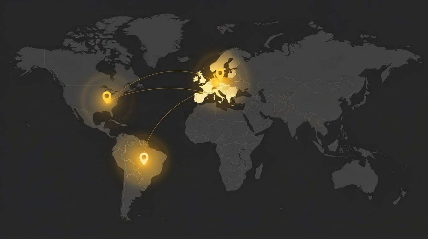 Mapa de atuação global — Brasil, Estados Unidos e Europa